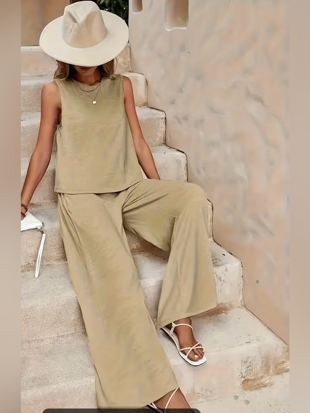 Relaxed Wide-Leg Pants & Sleeveless Top Set in Olive Tan